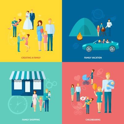 Family design concept set with shopping vacation and childbearing flat icons isolated vector illustration