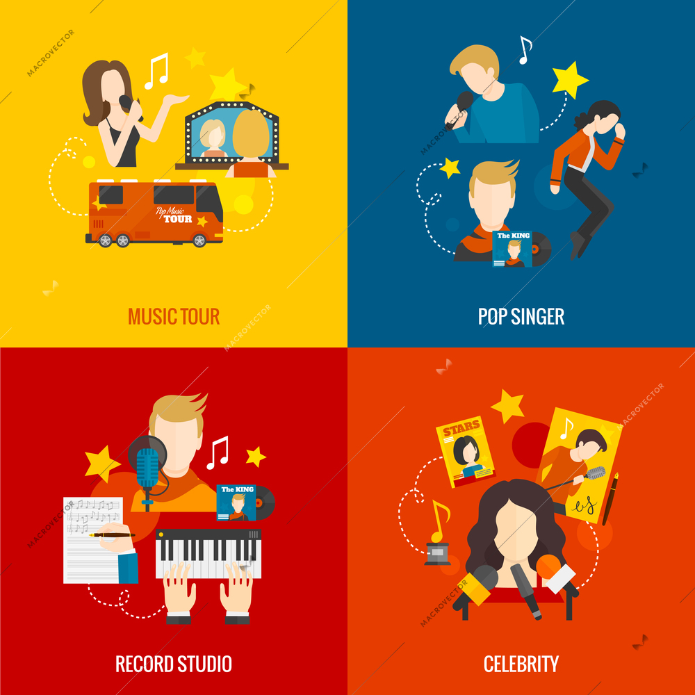 Pop singer design concept set with music tour record studio celebrity flat icons isolated vector illustration