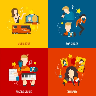 Pop singer design concept set with music tour record studio celebrity flat icons isolated vector illustration