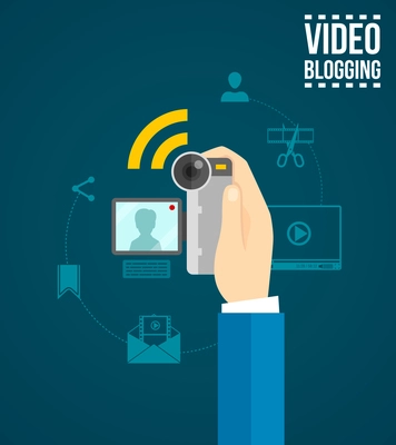 Video blogging concept with human hand holding camera flat vector illustration