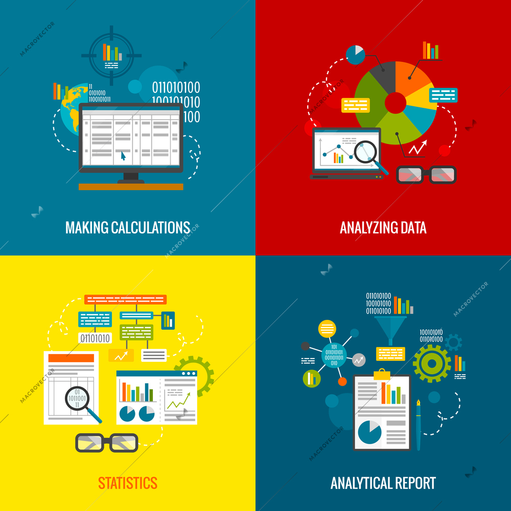 Data analytics design concept with making calculations statistics and analytical report flat icons set isolated vector illustration