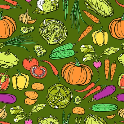 Vegetables seamless pattern with sketch cauliflower asparagus cabbage garlic vector illustration