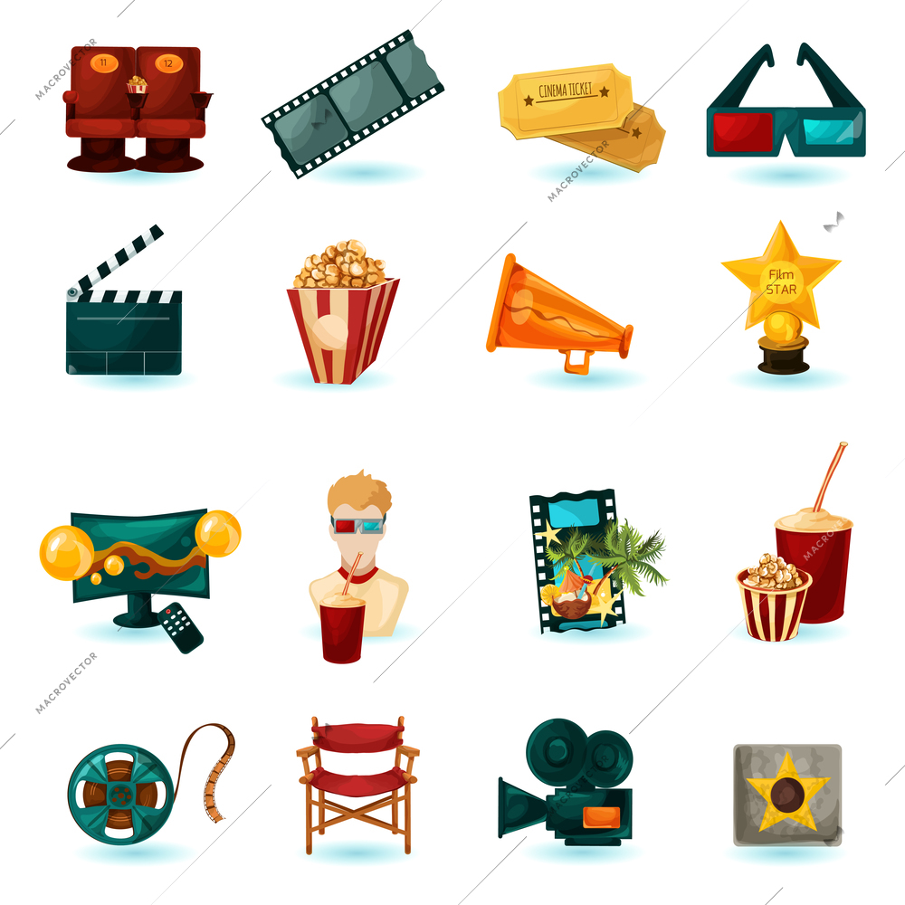 Cinema cartoon icons set with 3d glasses film reel popcorn isolated vector illustration