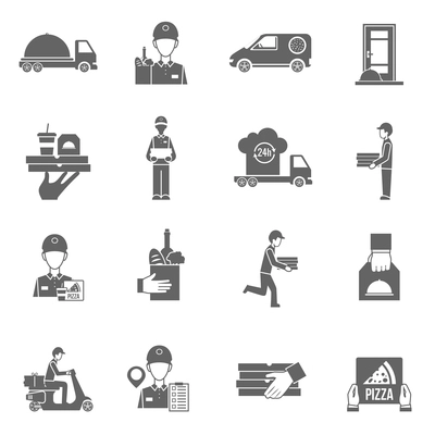 Food delivery and courier 24 hours black white flat icons set isolated vector illustration