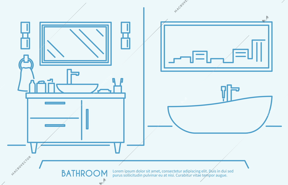 Bathroom furniture outline poster with luxury bath bowl and shelves vector illustration