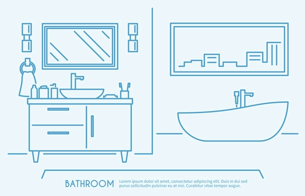 Bathroom furniture outline poster with luxury bath bowl and shelves vector illustration