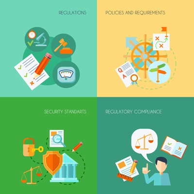 Compliance design concept set with regulations policies and requirements flat icons isolated vector illustration