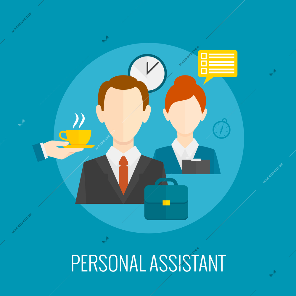 Personal assistant concept with coffee and notes on blue background flat icon vector illustration
