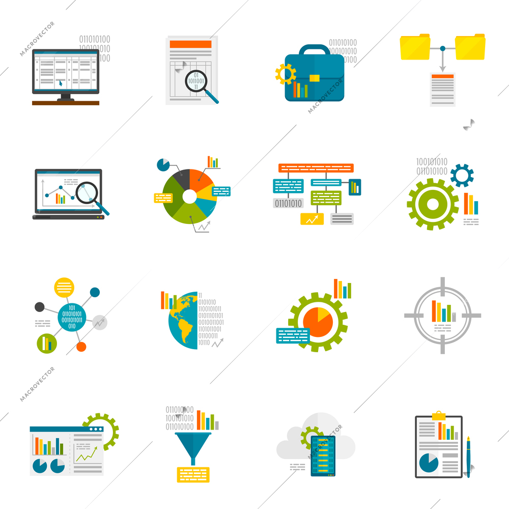 Data analytics computer database structure information analysis flat icons set isolated vector illustration