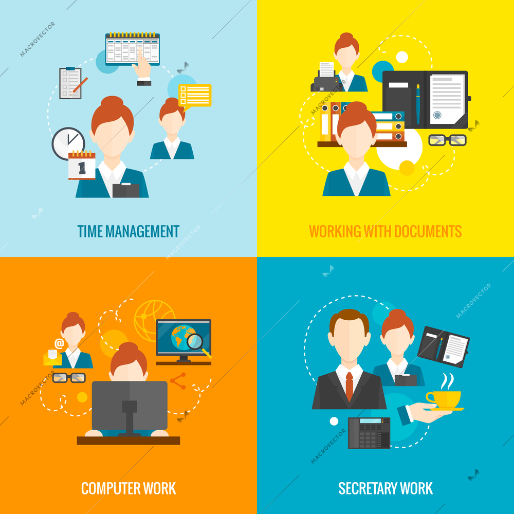 Personal assistant  design concept set with time management and secretary work flat icons isolated vector illustration