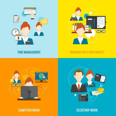 Personal assistant  design concept set with time management and secretary work flat icons isolated vector illustration