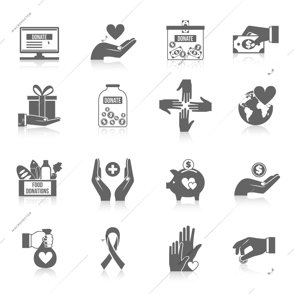 Charity icon black set with philanthropist community teamwork symbols isolated vector illustration