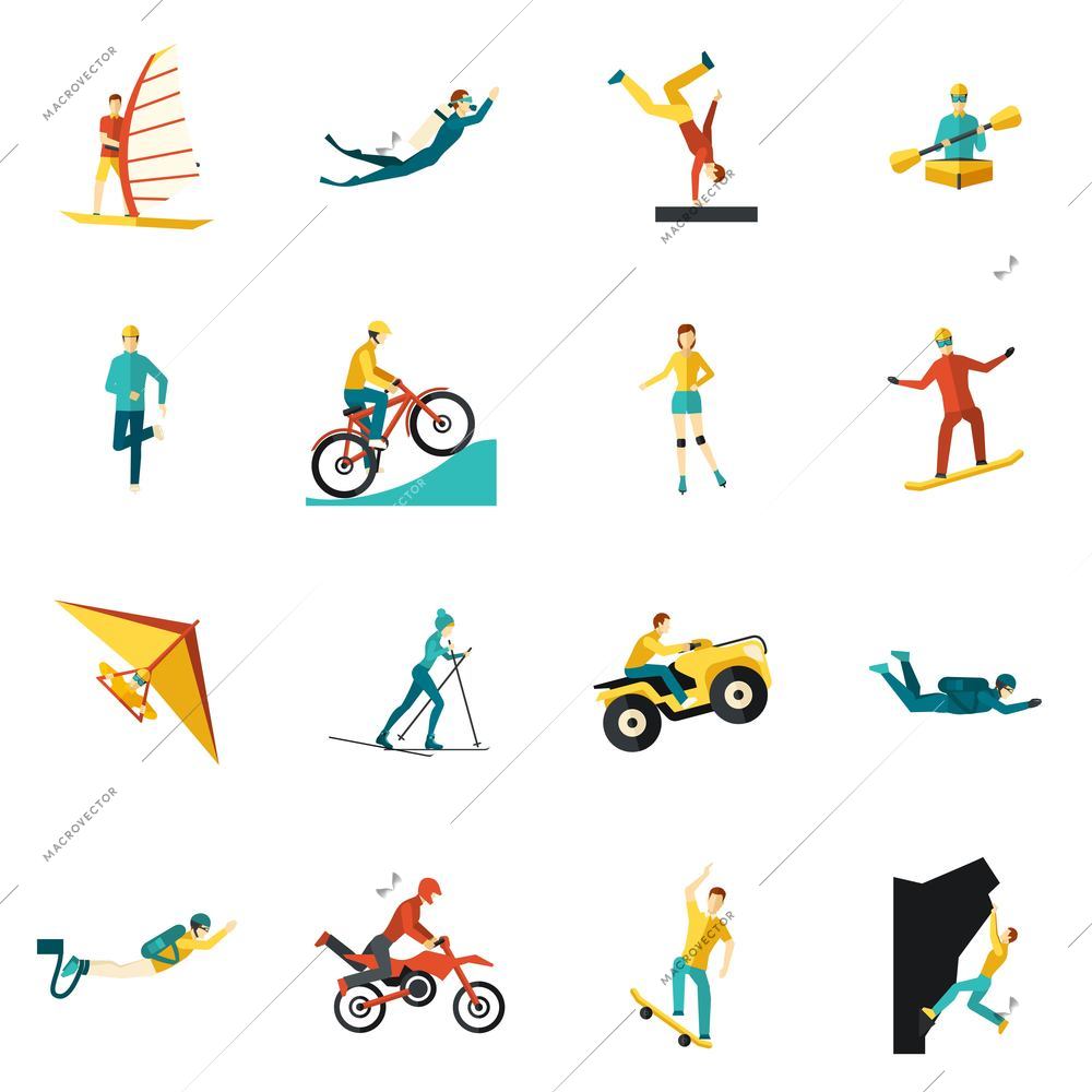 Extreme sports flat icons set with kite cycling rowing isolated vector illustration