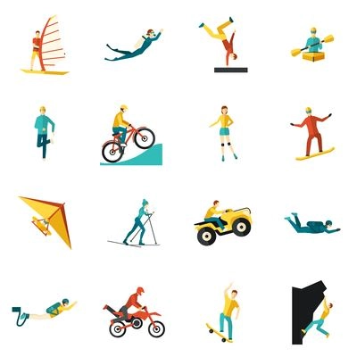 Extreme sports flat icons set with kite cycling rowing isolated vector illustration