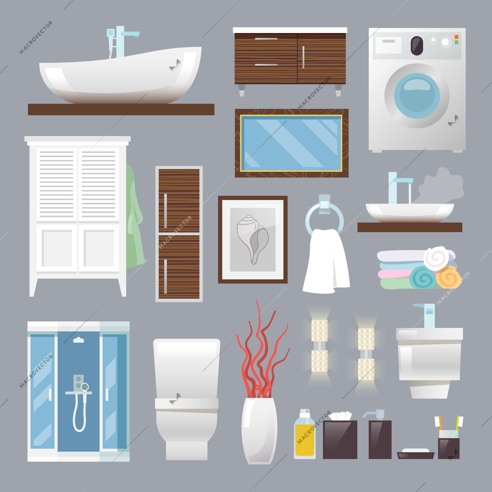 Bathroom furniture flat icons set with sink toilet bowl towels isolated vector illustration