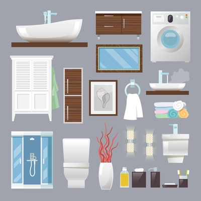 Bathroom furniture flat icons set with sink toilet bowl towels isolated vector illustration