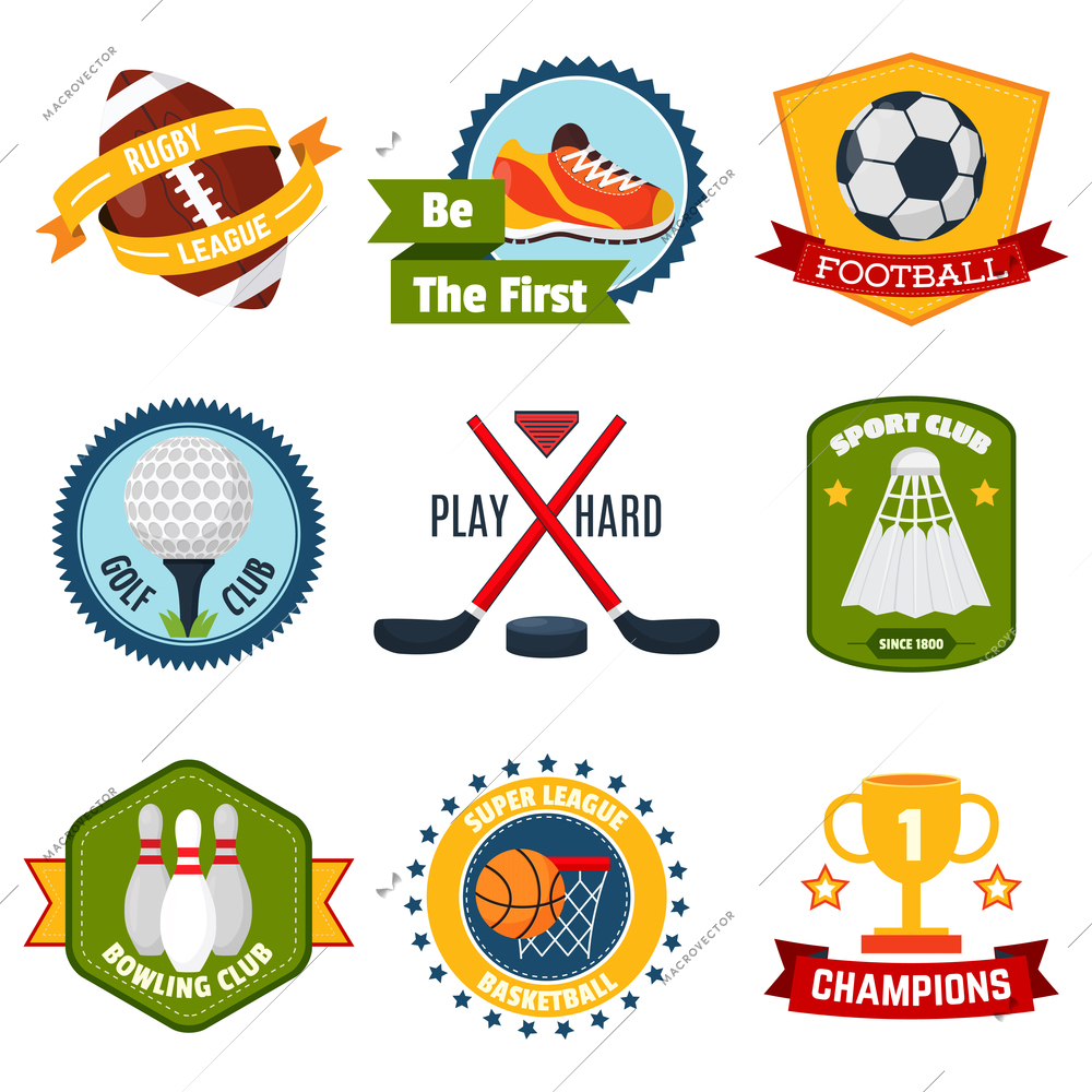 Sports logo set with rugby golf bowling equipment isolated vector illustration