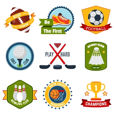 Sports logo set with rugby golf bowling equipment isolated vector illustration