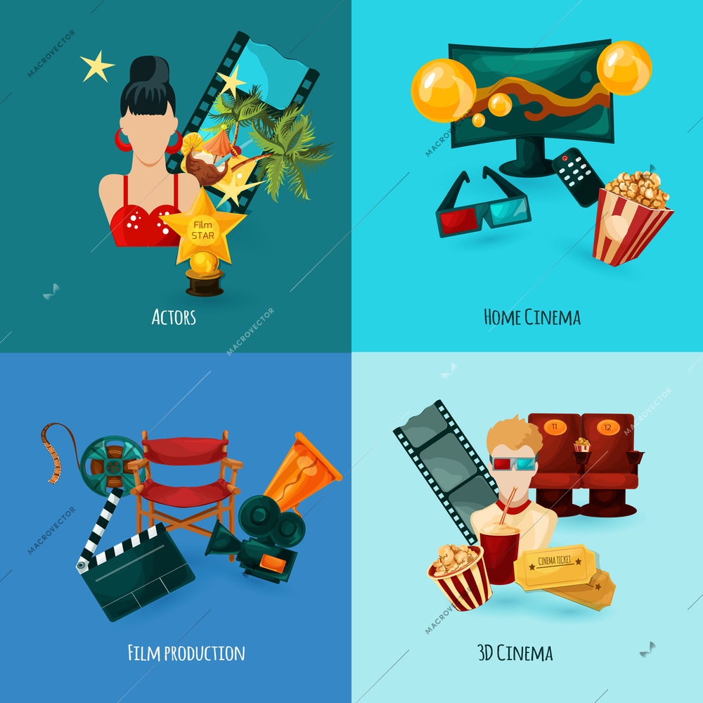 Cinema design concept set with actors film production cartoon icons isolated vector illustration