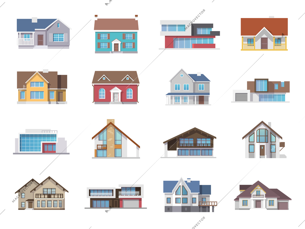 Town house cottage and assorted real estate building icons flat set isolated vector illustration