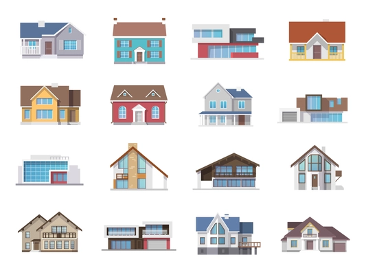 Town house cottage and assorted real estate building icons flat set isolated vector illustration