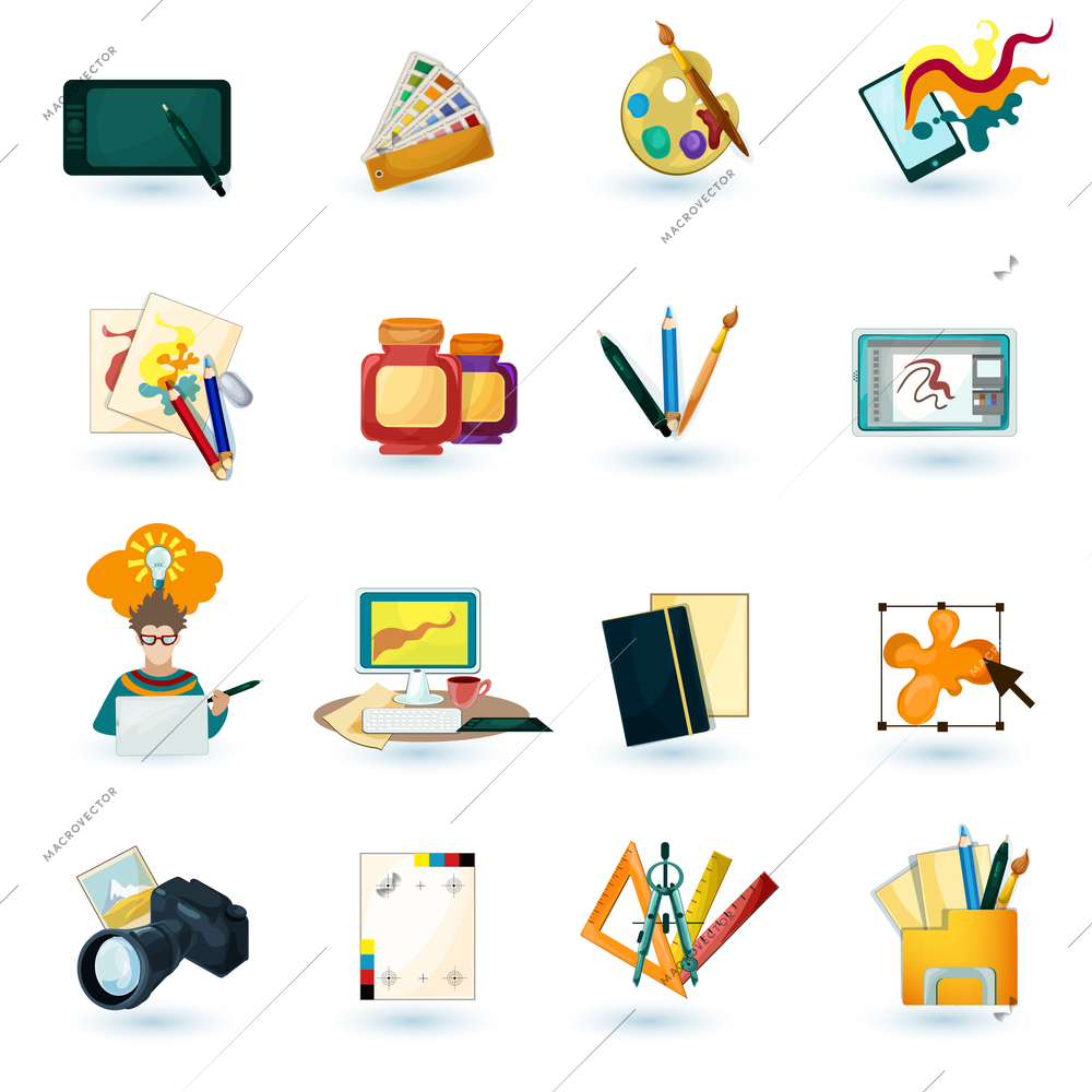 Graphic designer decorative icons set with tablet paint palette isolated vector illustration