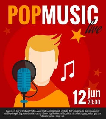 Pop music concert promo poster with singer and microphone flat vector illustration