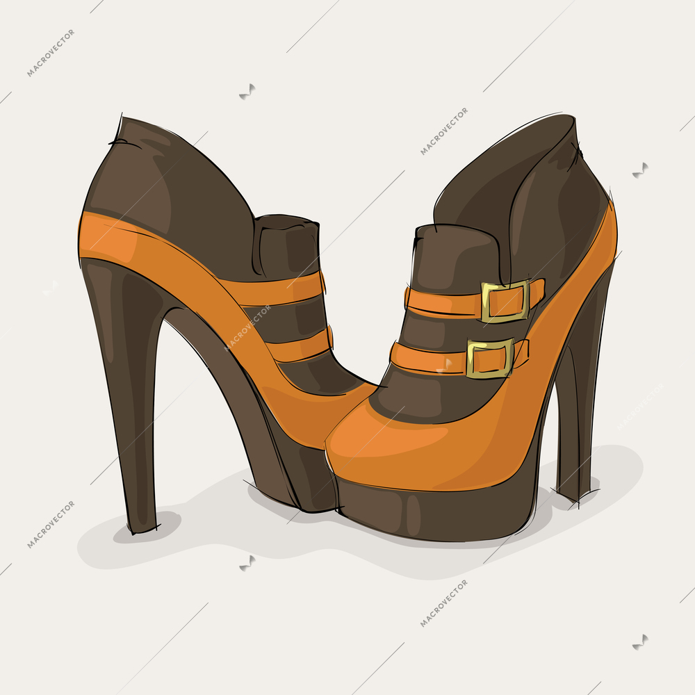Stylish woman's brown and yellow ankle boots with gold buckles isolated vector illustration