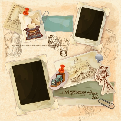 Retro scrapbooking set with vintage postcards and photo frames vector illustration