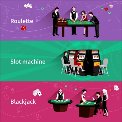 People in casino horizontal banner set with roulette slot machine blackjack elements isolated vector illustration