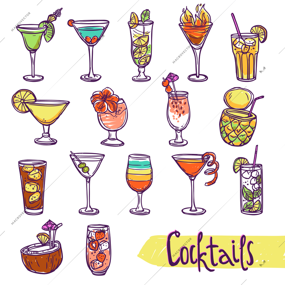 Cocktail glasses cold summer party refreshment sketch set isolated vector illustration