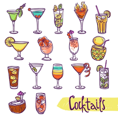 Cocktail glasses cold summer party refreshment sketch set isolated vector illustration