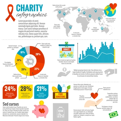 Charity and donations infographic set with diagrams charts and arrows flat vector illustration