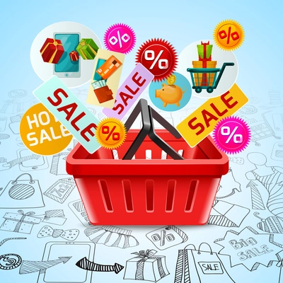 Sale time concept with shopping basket and internet store doodle symbols vector illustration