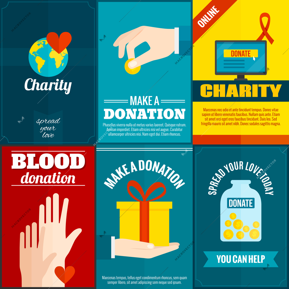 Charity mini posters set with money and blood donation flat isolated vector illustration