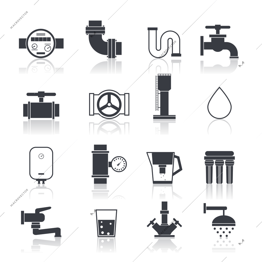 Water supply icons black set with sink bathtub bathroom accessories isolated vector illustration