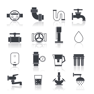 Water supply icons black set with sink bathtub bathroom accessories isolated vector illustration