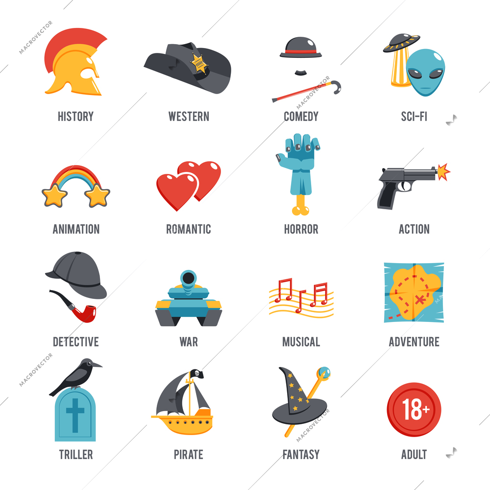 Film genres icon set with drama adventure detective pirate isolated vector illustration