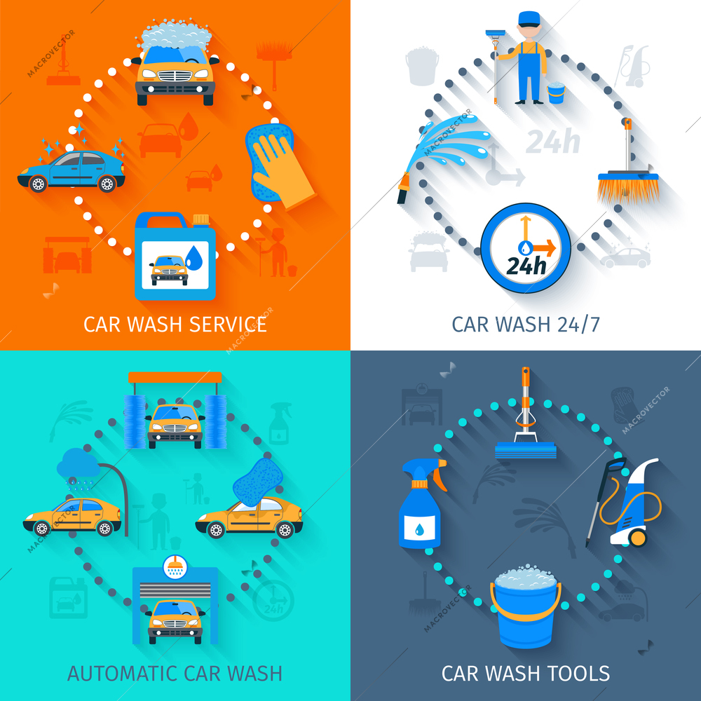 Car wash full automatic 24h service facilities with touchless equipment 4 flat icons composition abstract vector illustration