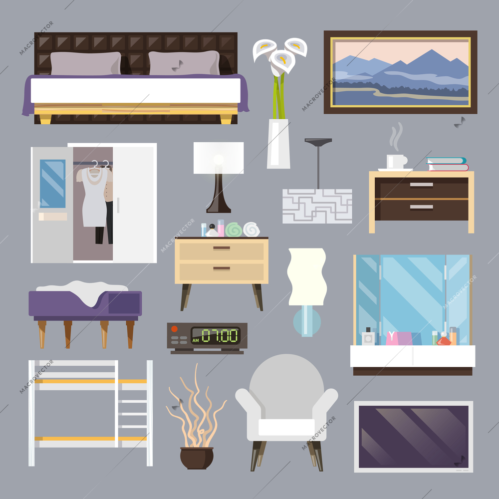 Bedroom furniture flat icons set with bed lamp armchair isolated vector illustration