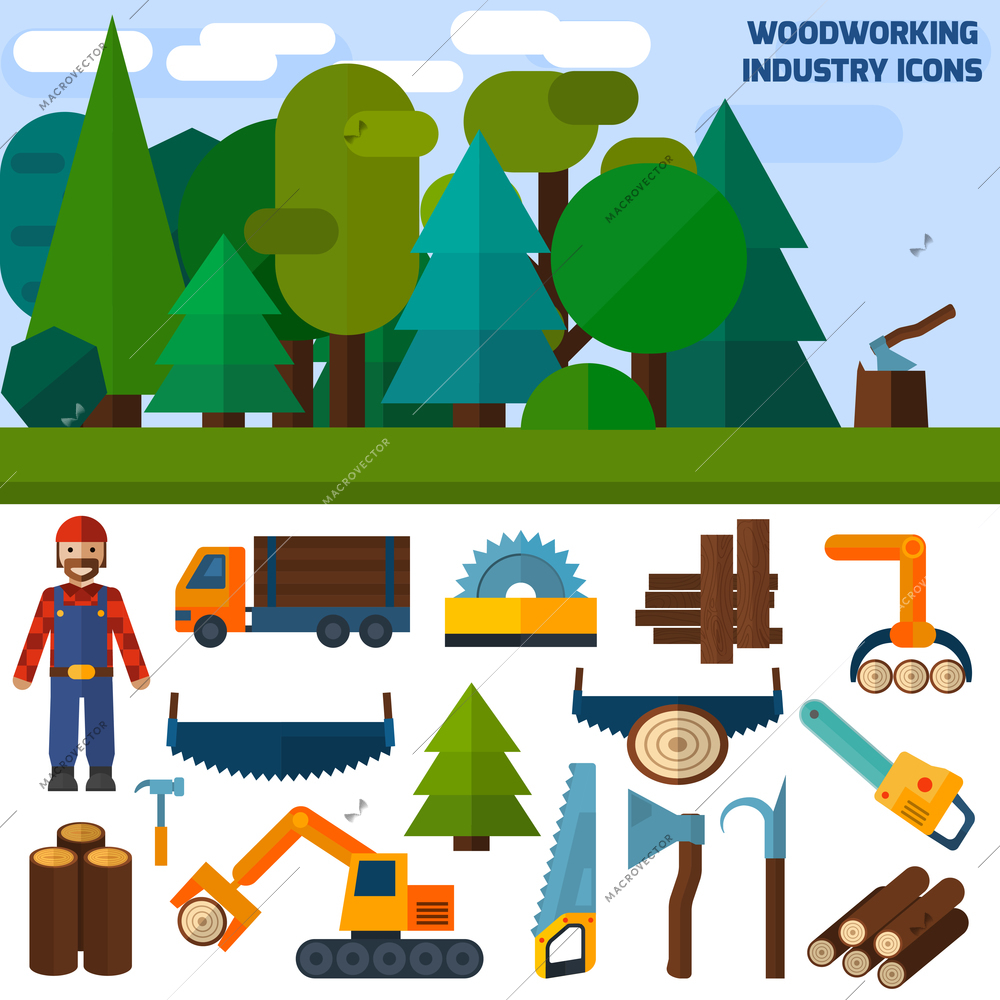 Woodworking industry decorative flat icons set with carpentry and labor work tools vector illustration