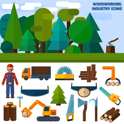 Woodworking industry decorative flat icons set with carpentry and labor work tools vector illustration