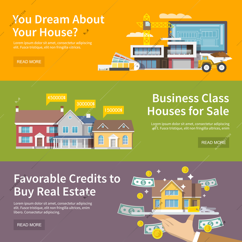 House horizontal banner set with property purchase credit and building flat elements isolated vector illustration