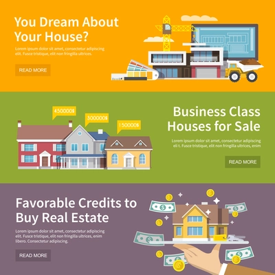 House horizontal banner set with property purchase credit and building flat elements isolated vector illustration