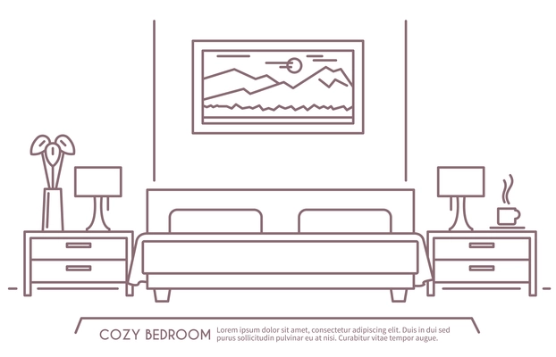 Home and hotel bedroom interior with comfortable furniture outline vector illustration