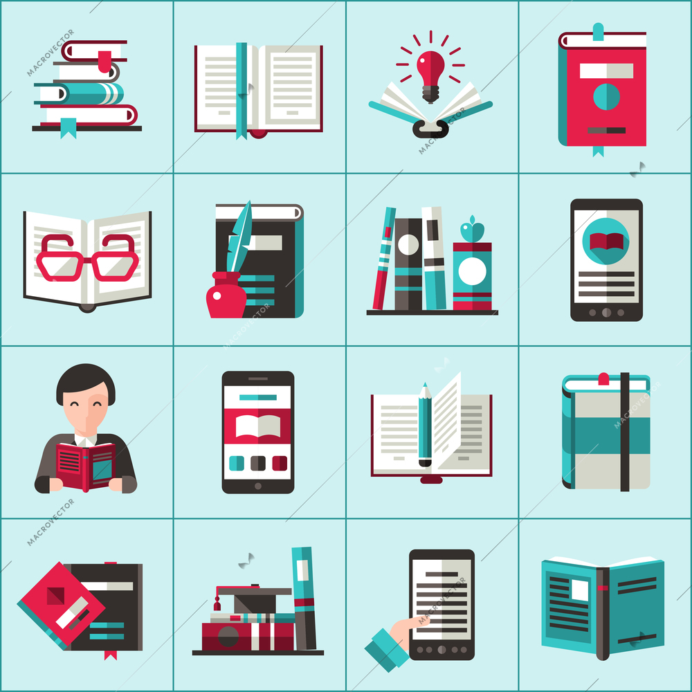 Books reading multimedia library and education icons set isolated vector illustration