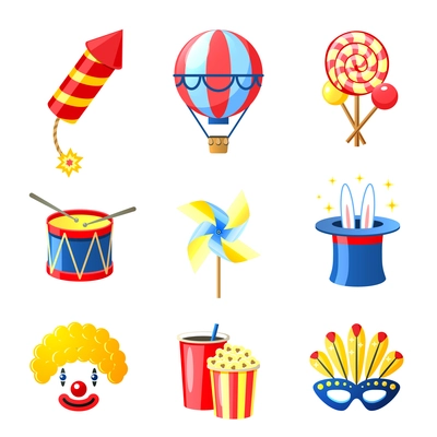 Carnival festive and circus show decorative icons set isolated vector illustration