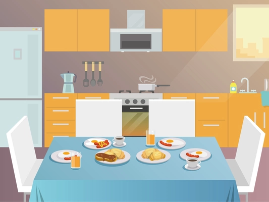 Table with served breakfast food and drinks flat vector illustration