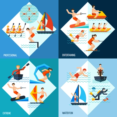 Water sports design concept set with extreme fun and professional entertaining flat icons isolated vector illustration