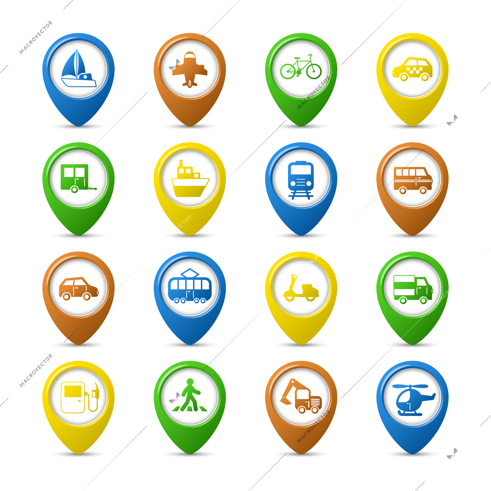 Transportation vehicles navigation pins set of car truck bus pedestrian isolated vector illustration